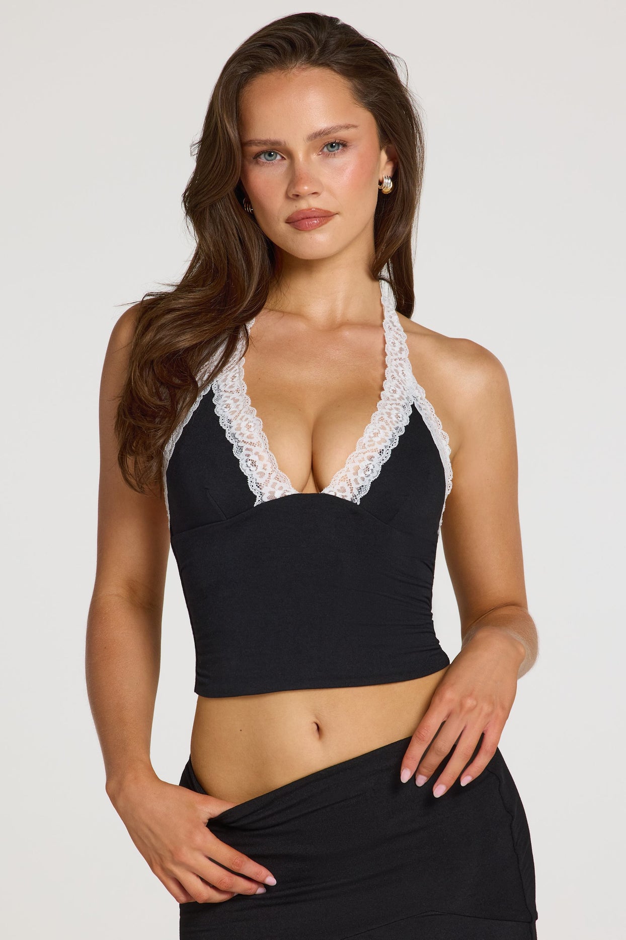 Modal Lace-Trim Halterneck Top in Black - 8