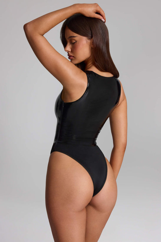 Vinyl Plunge-Neck Bodysuit in Black
