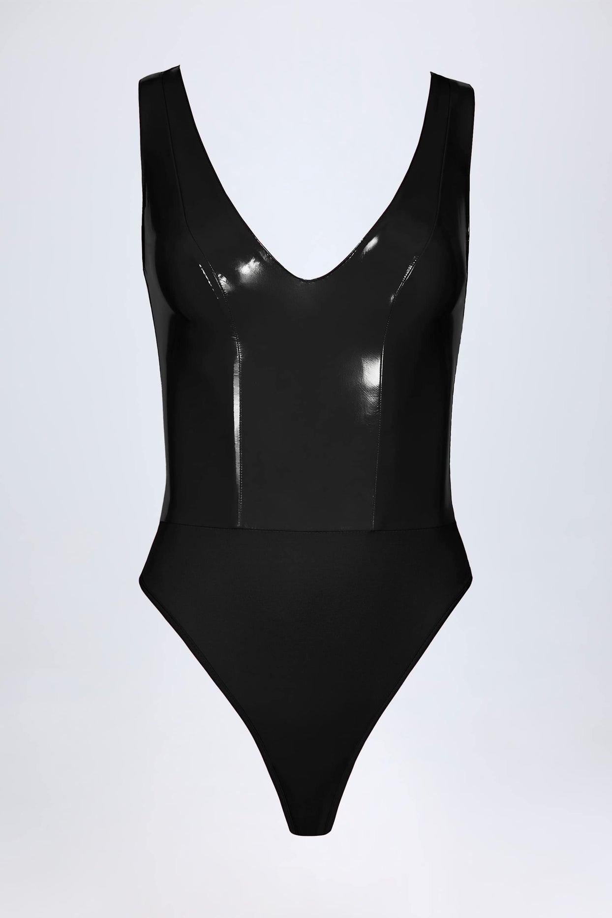 Vinyl Plunge-Neck Bodysuit in Black