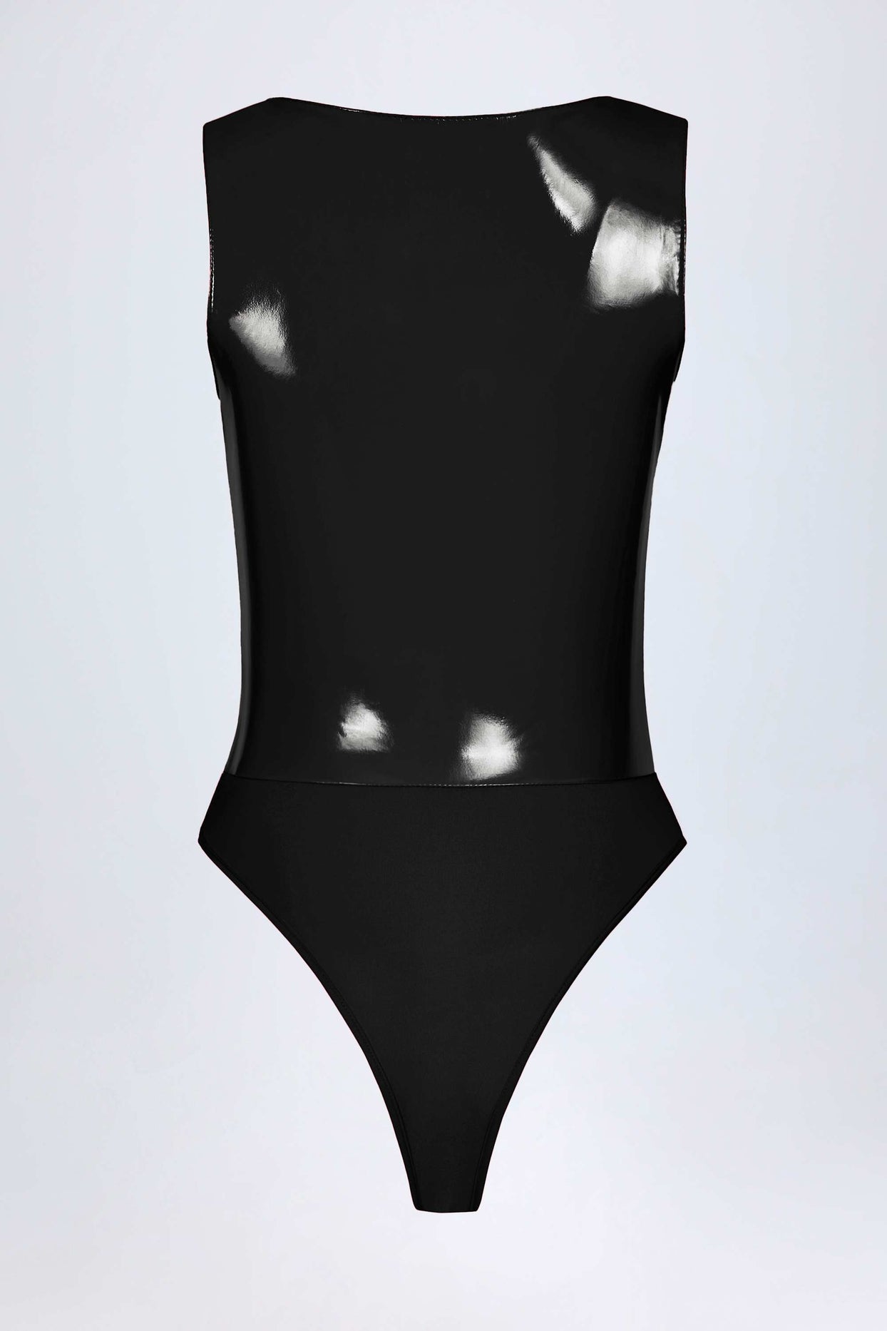 Vinyl Plunge-Neck Bodysuit in Black