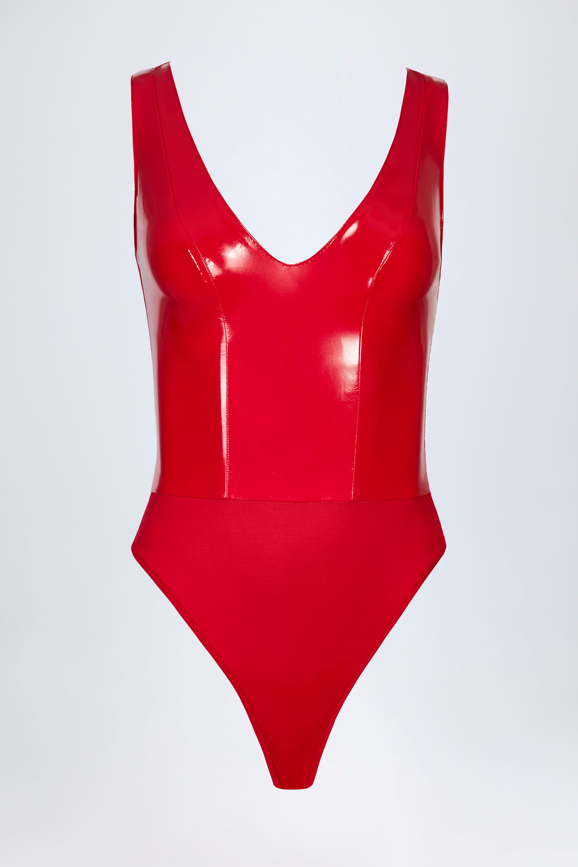 Glossy Vinyl Plunge-Neck Bodysuit in Fire Red
