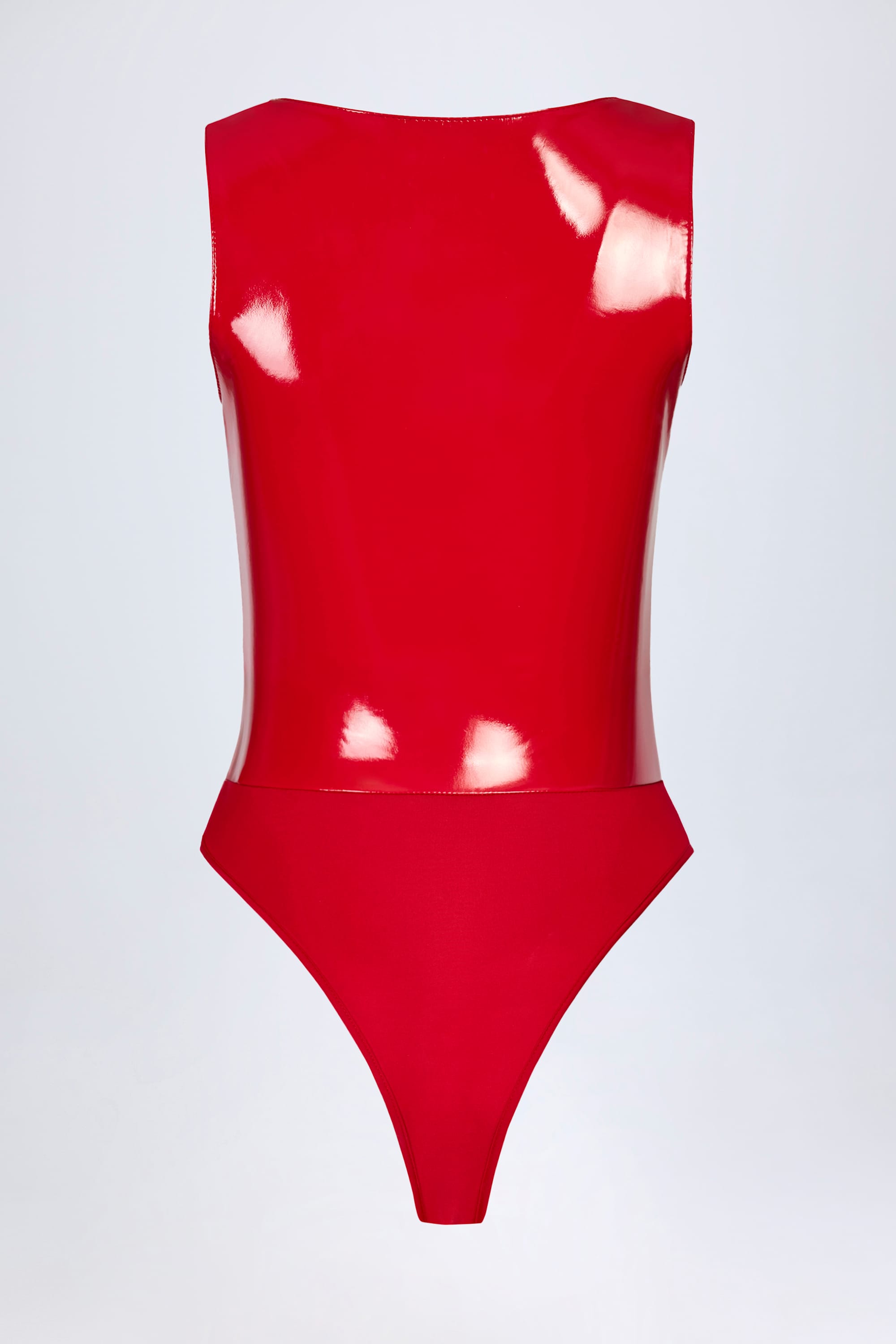 Glossy Vinyl Plunge-Neck Bodysuit in Fire Red