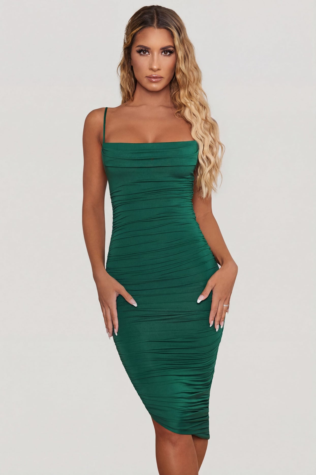Cowl Neck Ruched Bodycon Midi Dress in Green - 7