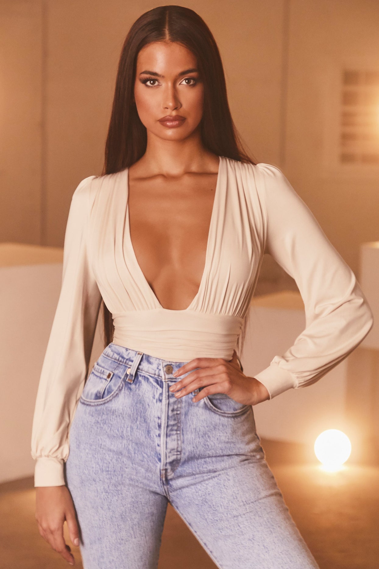 Cream Plunge Neck Long Sleeve Bodysuit