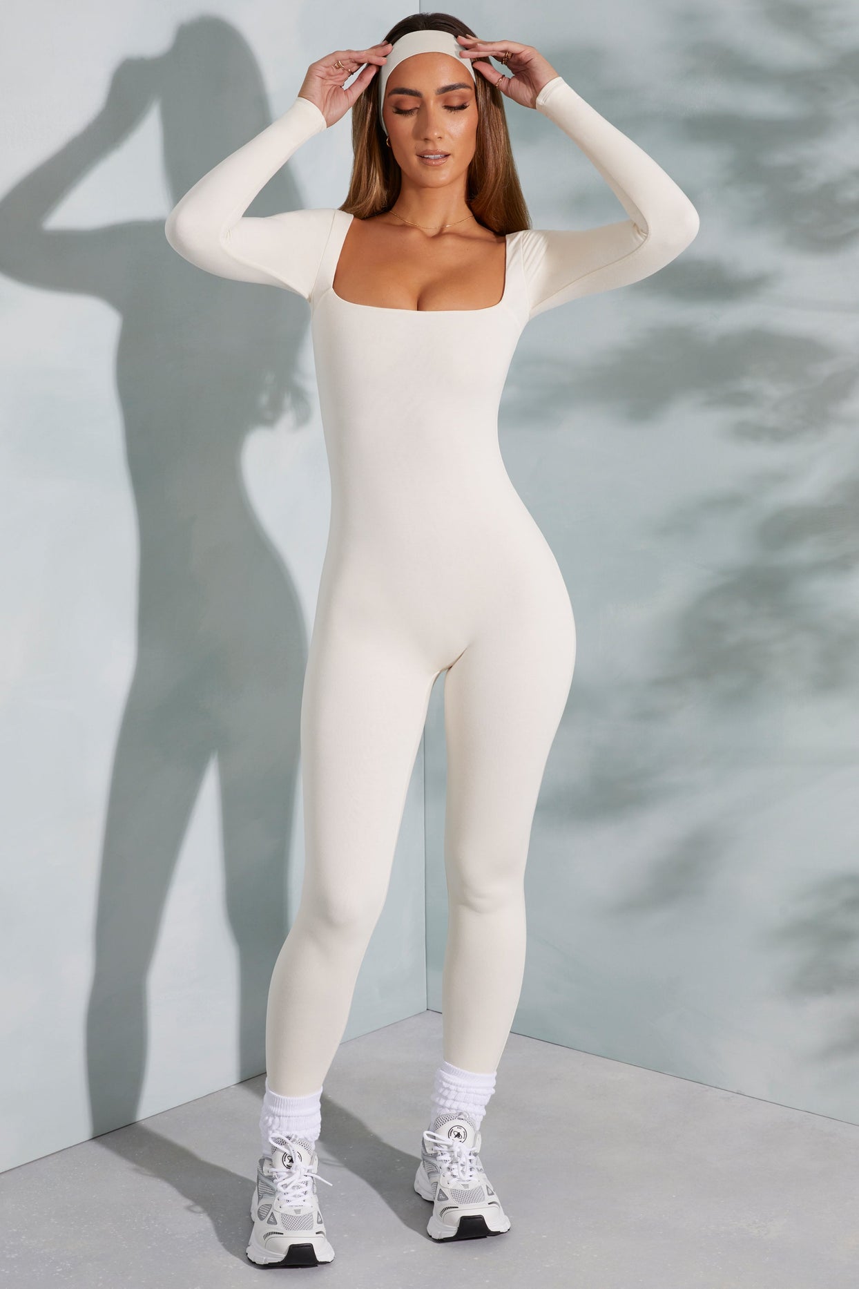 Square Neck Long Sleeve Jumpsuit in Ivory