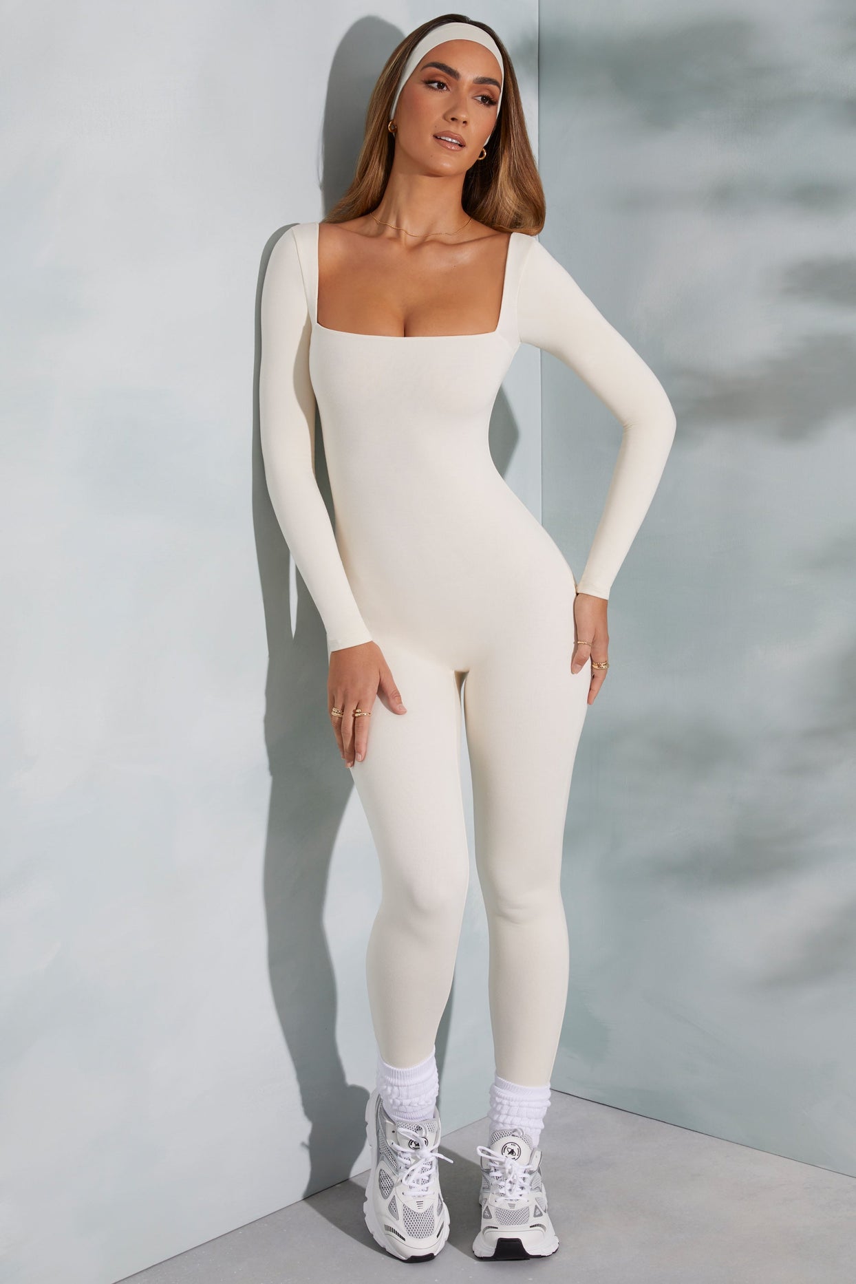 Square Neck Long Sleeve Jumpsuit in Ivory