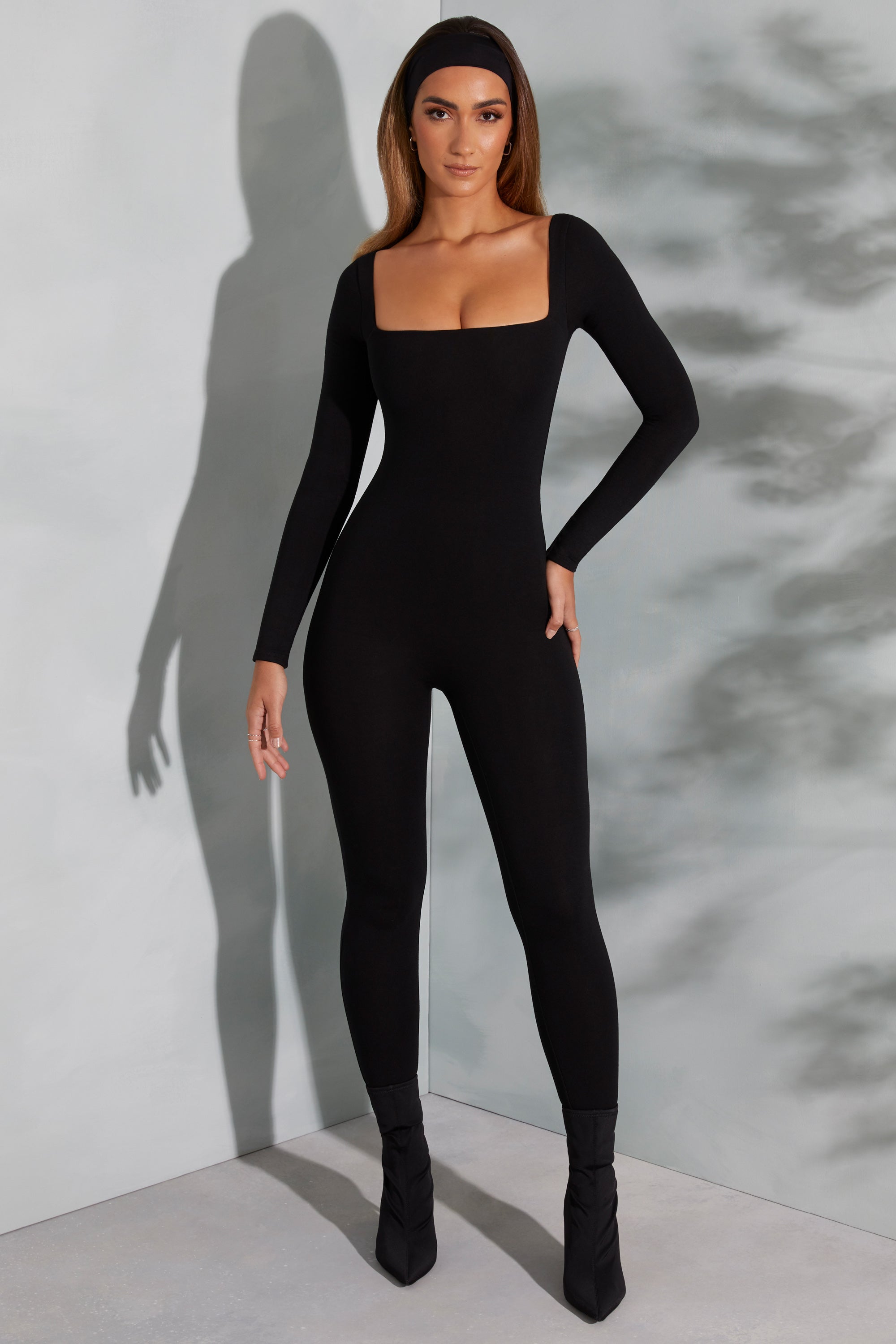 Delanie Square Neck Long Sleeve Jumpsuit in Black | Oh Polly – Oh