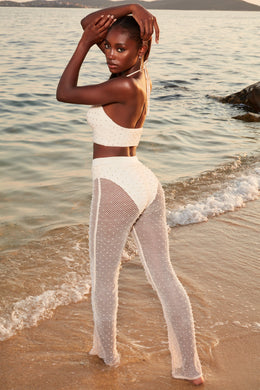 Petite Beaded Flare Trousers in Ivory