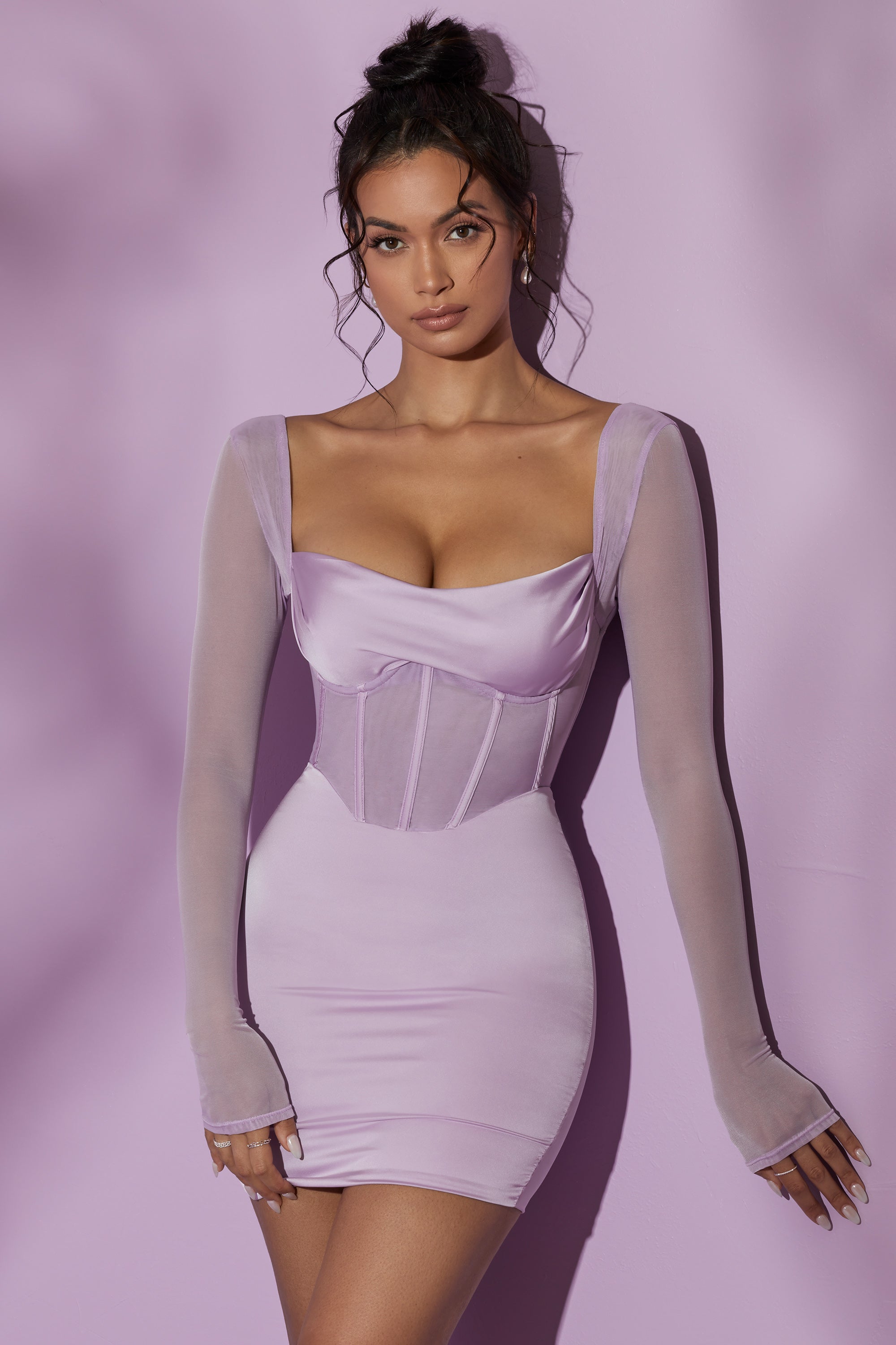 Lorient Long Sleeve Mesh Corset Mini Dress in Lilac Oh Polly