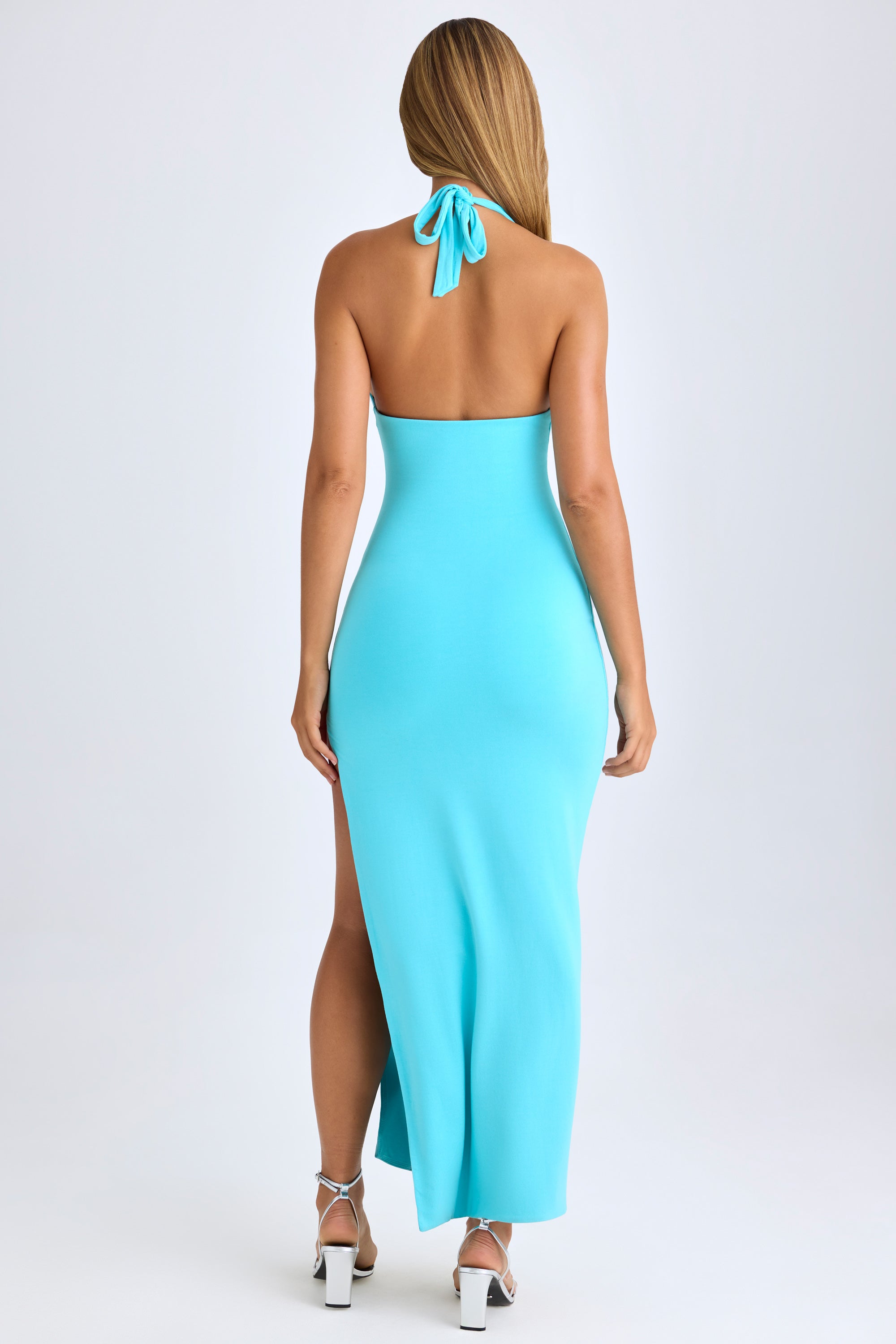 Modal High-Split Halterneck Maxi Dress in Aqua Blue