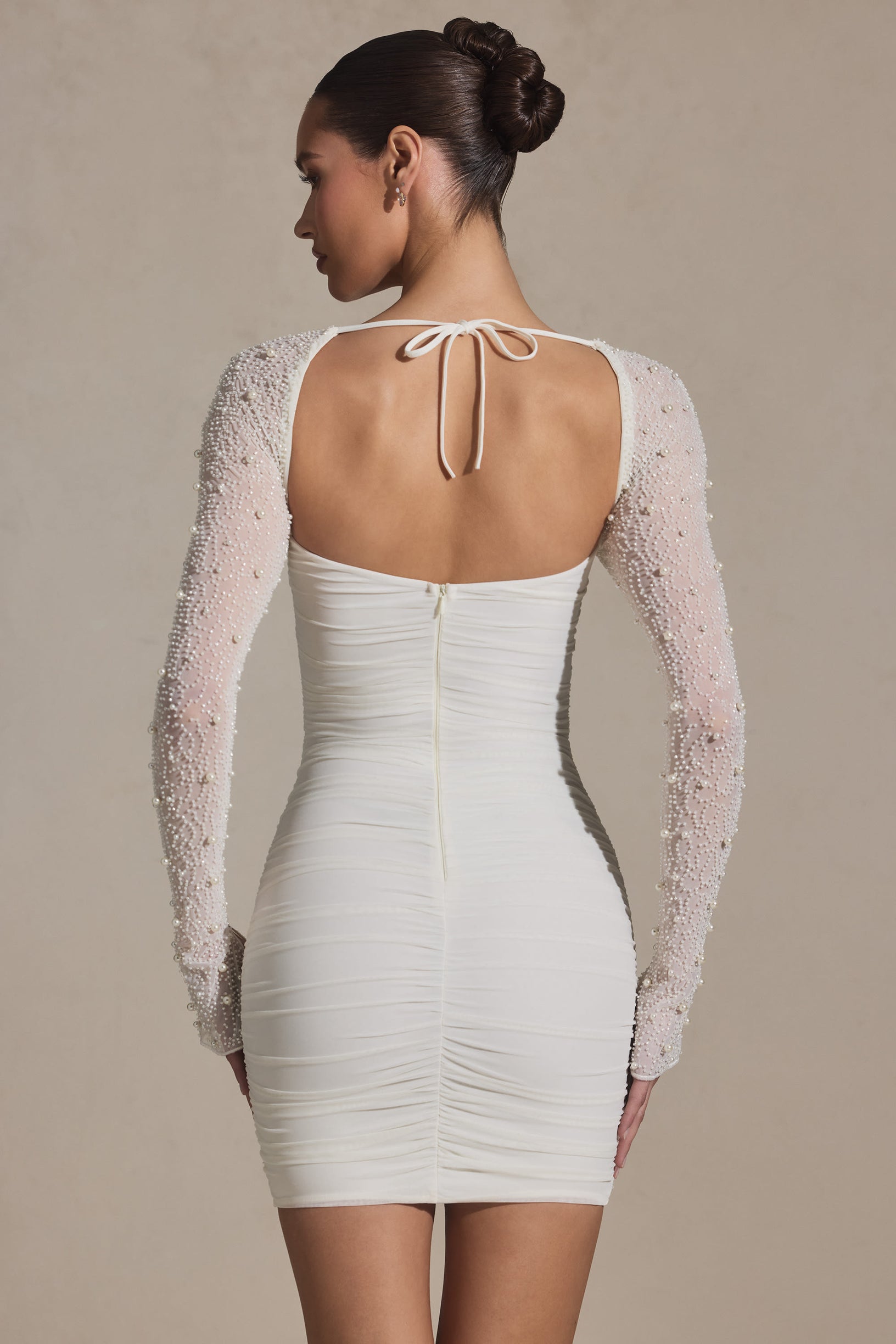 Embellished Long-Sleeve Mini Dress in Snow - 2