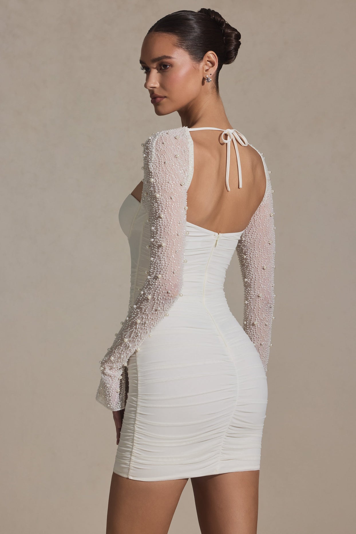 Embellished Long-Sleeve Mini Dress in Snow - 7