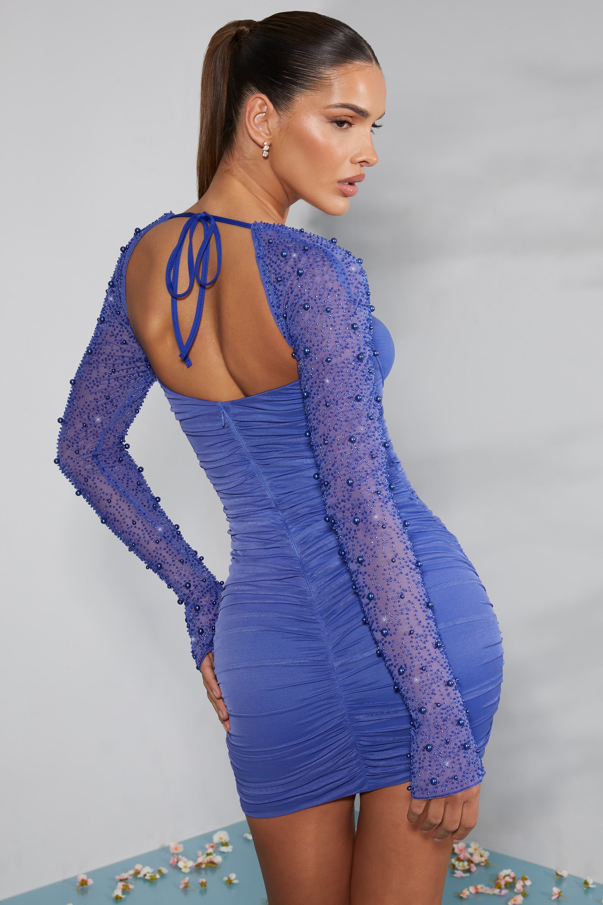 St. Germain Embellished Long Sleeve Mini Dress in Cobalt Blue Oh Polly