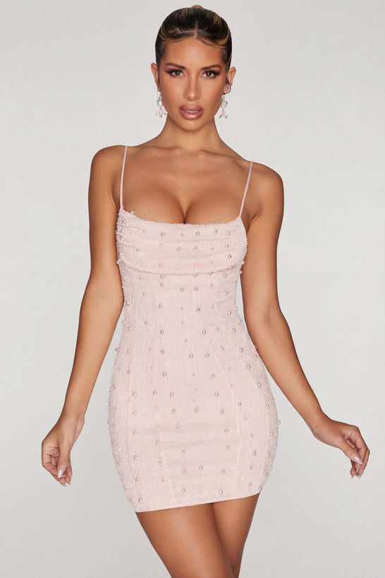 Oh Polly's Sierra Skye wearing the Seychelles Mini Dress in Blush Embellished fabric perfect for date nights