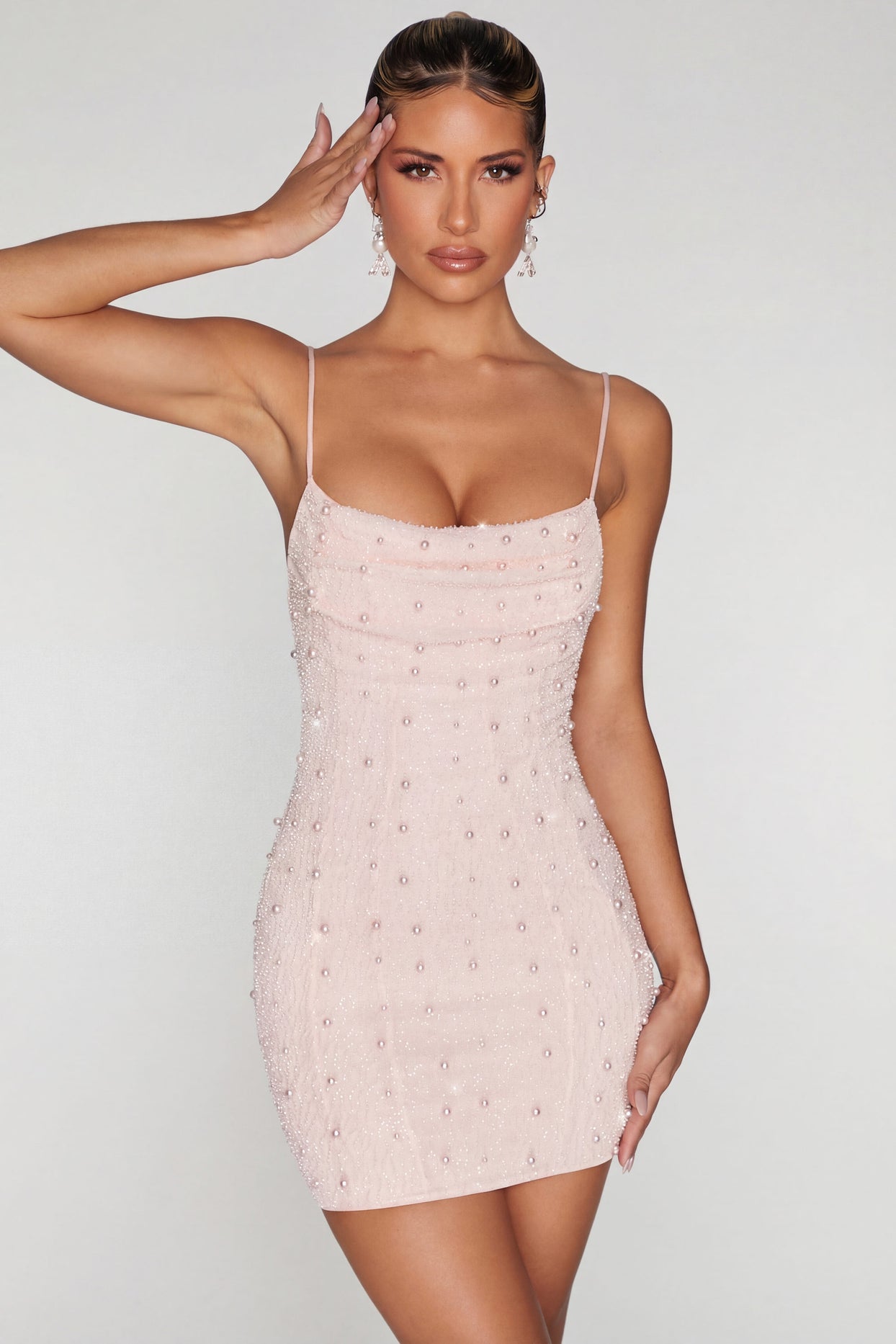 Oh Polly's Sierra Skye wearing the Seychelles Mini Dress in Blush Embellished fabric perfect for birthday celebrations