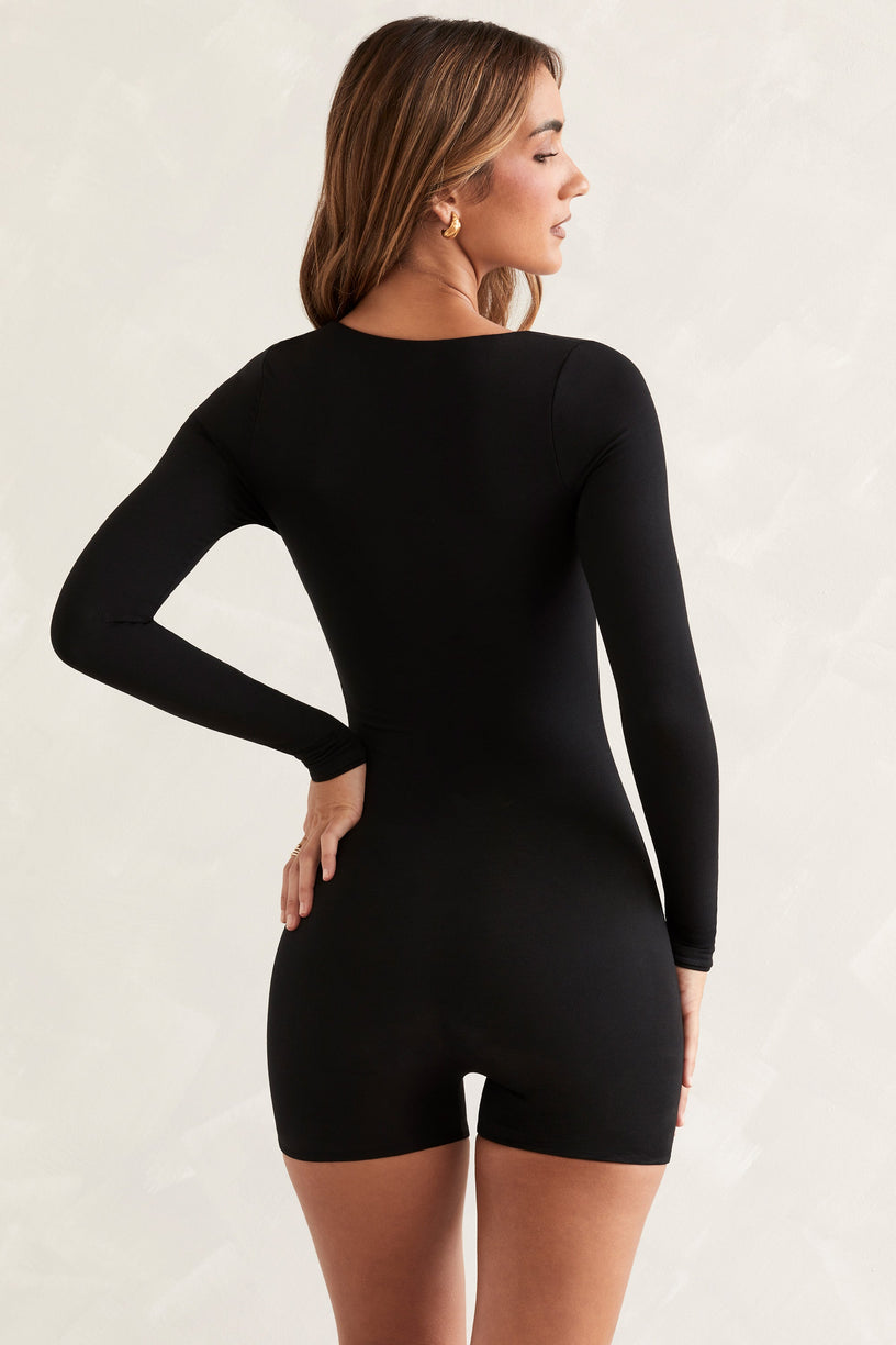 Long Sleeve Square Neck Unitard in Black - 2