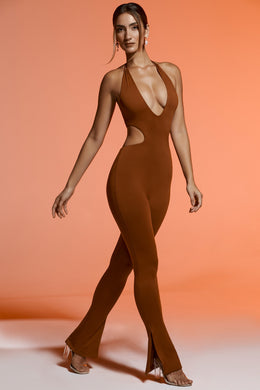 Plunge Neck Cut Out Jumpsuit in Brown