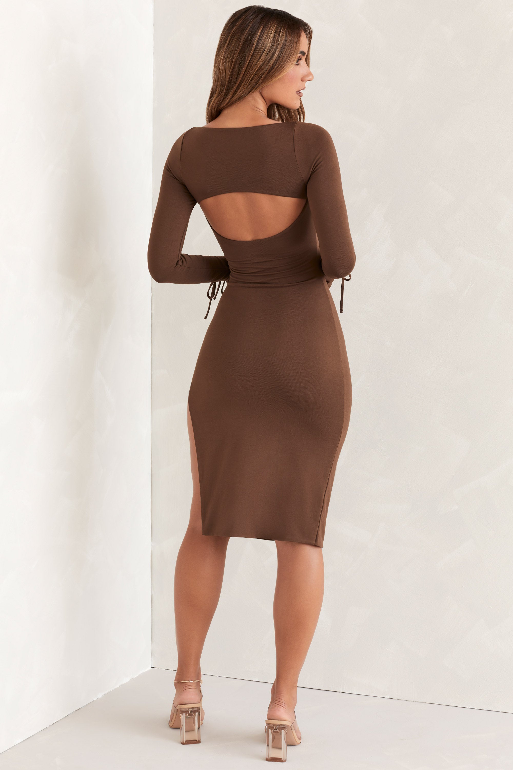 Sawyer Square Neck Long Sleeve Midi Dress in Brown Oh Polly