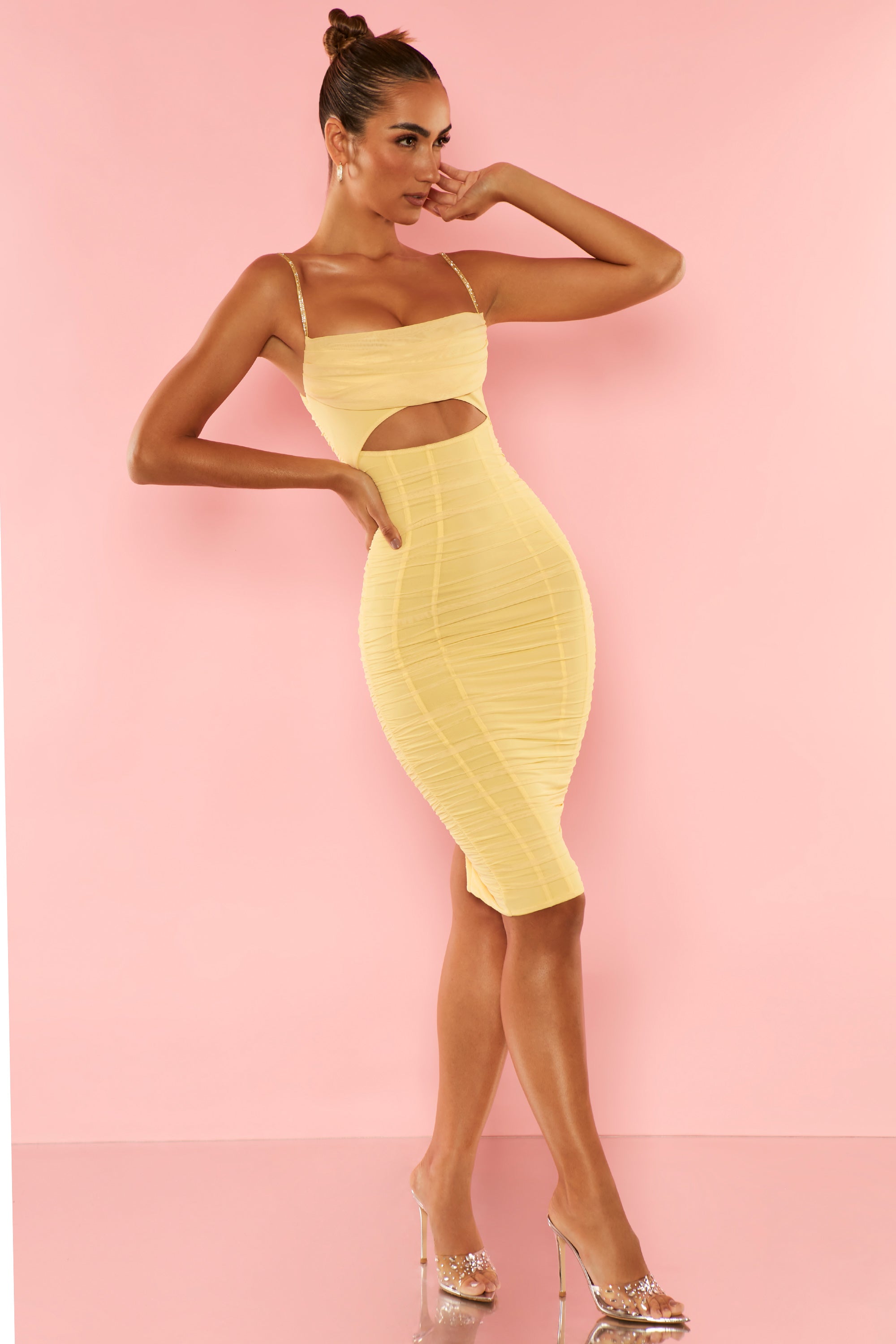 Corsica Embellished Strap Cut Out Underbust Cowl Neck Midi Dress in Yellow Oh Polly