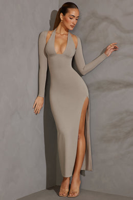 Long Sleeve Plunge Neck Maxi Dress in Grey