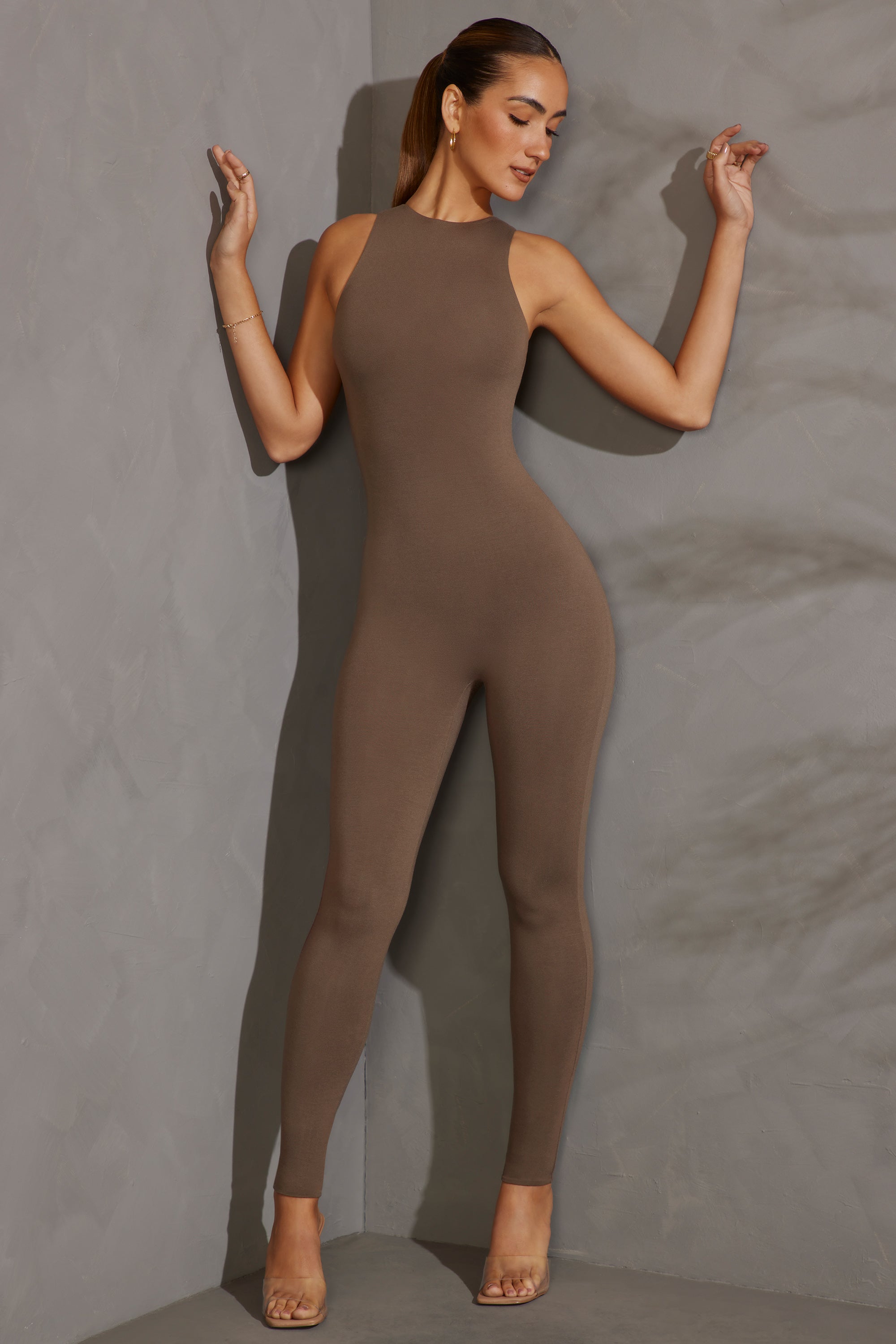 Racer Neck Jumpsuit in Taupe