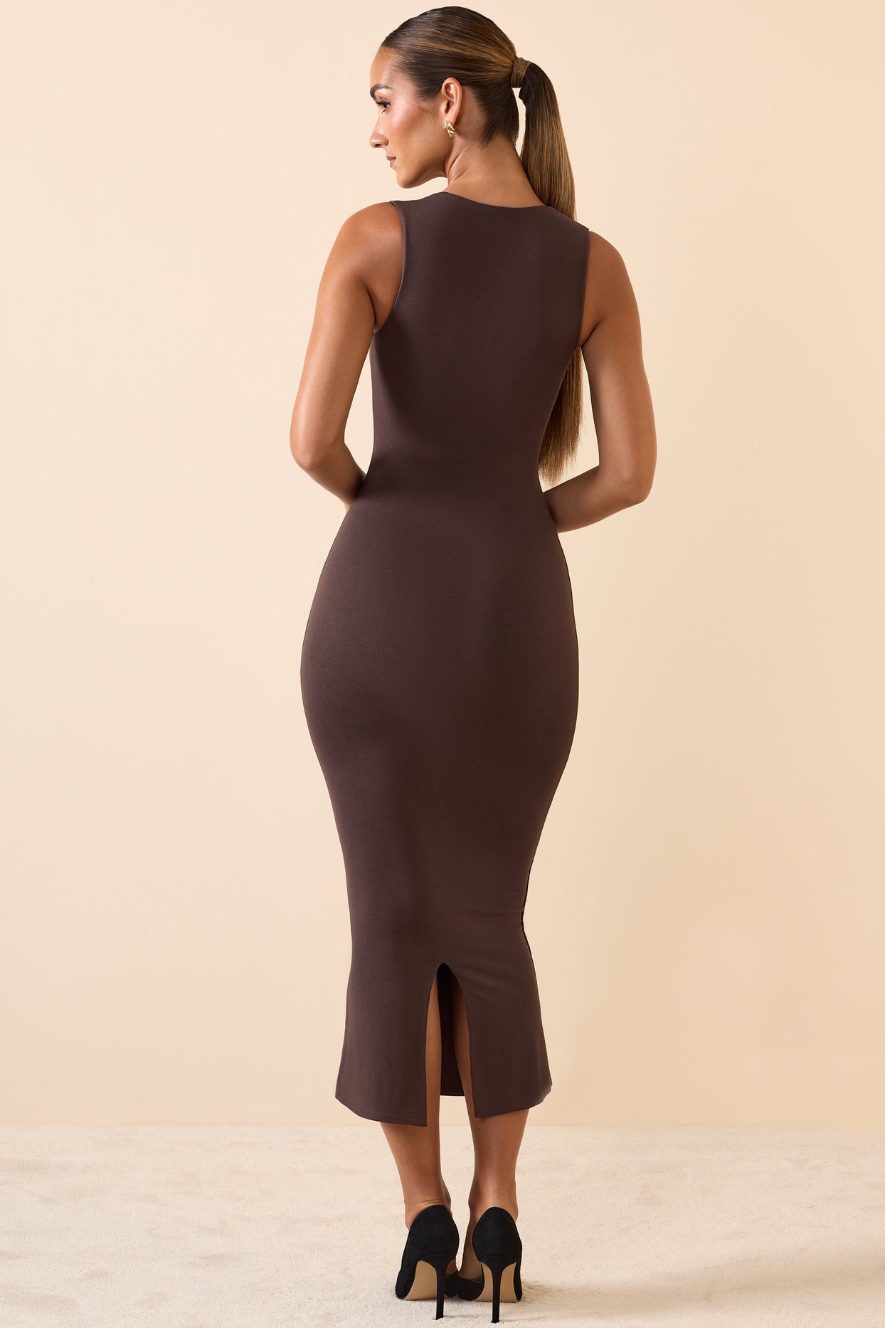 Ainslee Modal Square-Neck Midi Dress in Chocolate Brown
