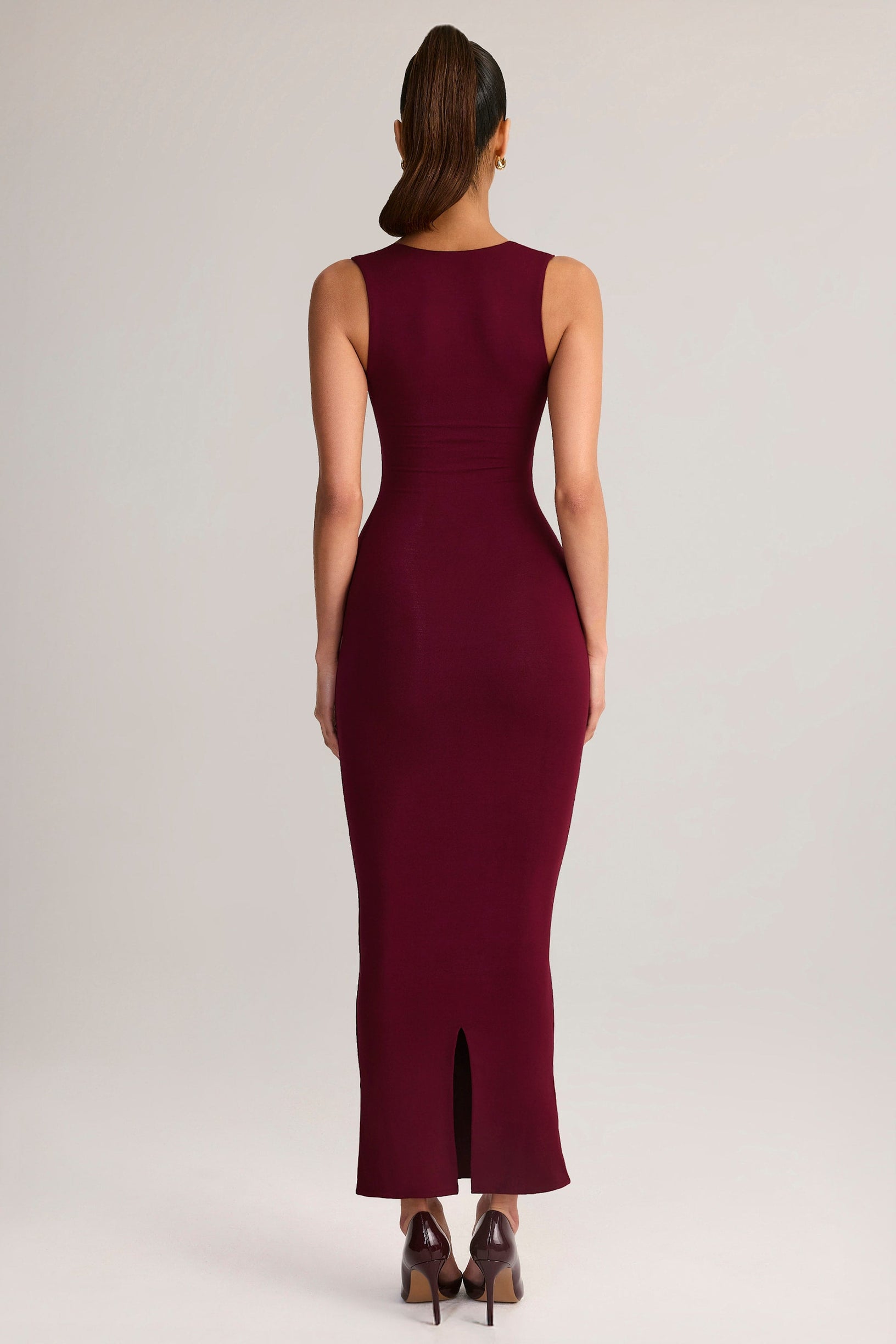 Modal Square-Neck Bodycon Midi Dress in Wine - 2