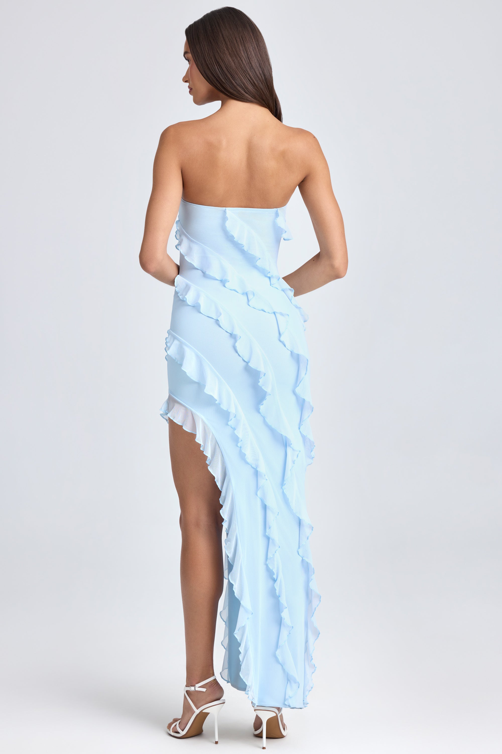 Bandeau Ruffle-Trim Maxi Dress in Powder Blue