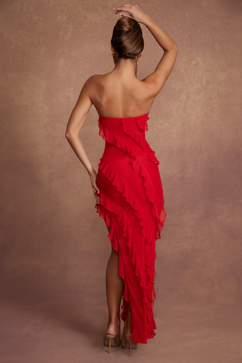 Bandeau Ruffle Detail Maxi Dress in Red - 2