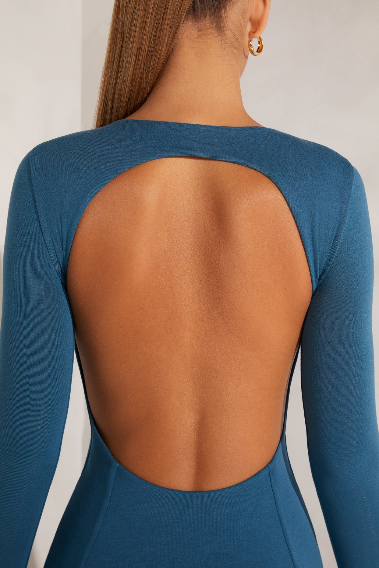High Neck Long Sleeve Open Back Midaxi Dress in Teal
