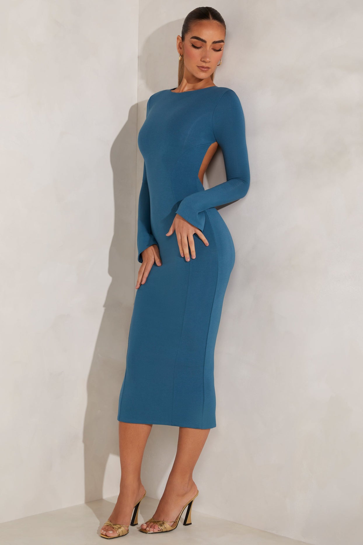 High Neck Long Sleeve Open Back Midaxi Dress in Teal