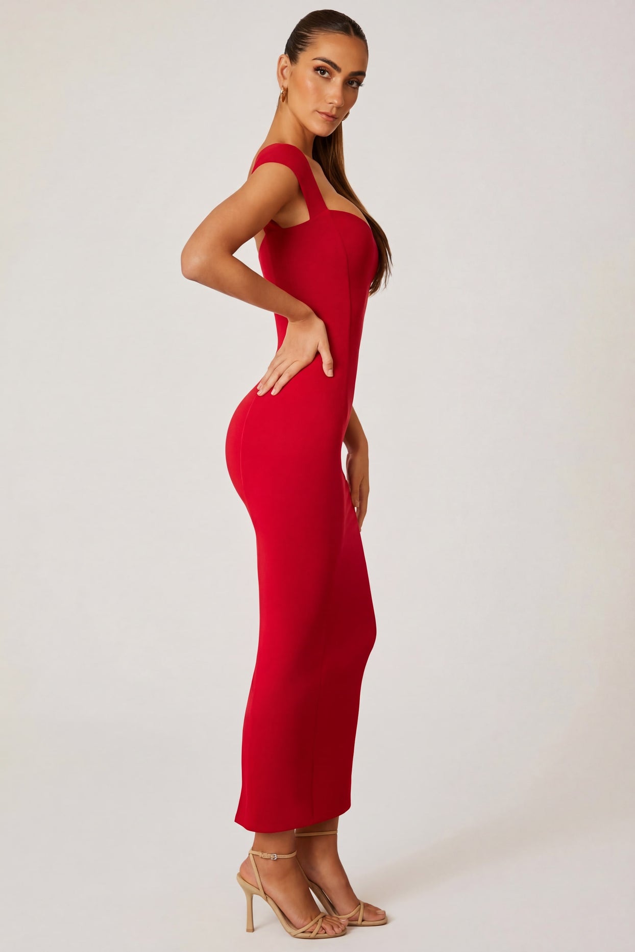 Oh Polly's Priscilla wearing the Dolcezza Maxi Dress in Red Modal fabric perfect for cocktail parties