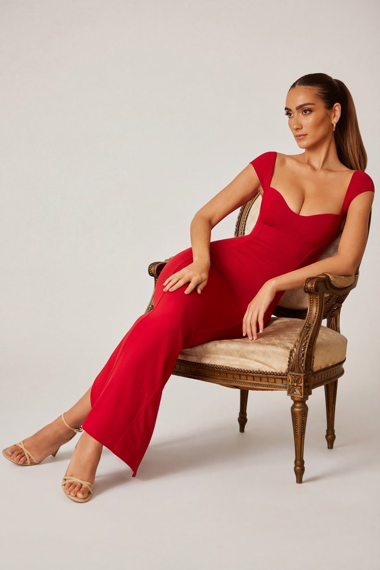 Oh Polly's Priscilla wearing the Dolcezza Maxi Dress in Red Modal fabric perfect for cocktail parties