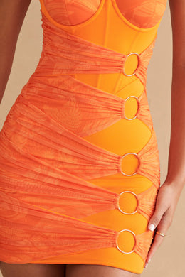 Ruched Corset Ring Detail Mini Dress in Orange Print