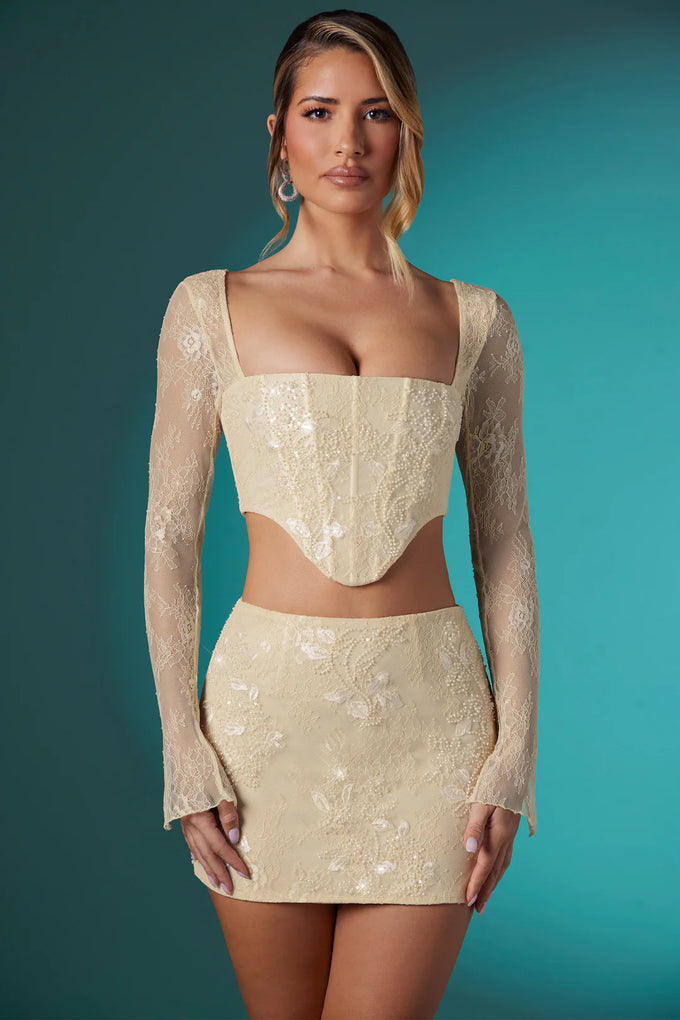 Long Sleeve Embellished Lace Corset Crop Top in Ivory