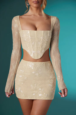 Long Sleeve Embellished Lace Corset Crop Top in Ivory