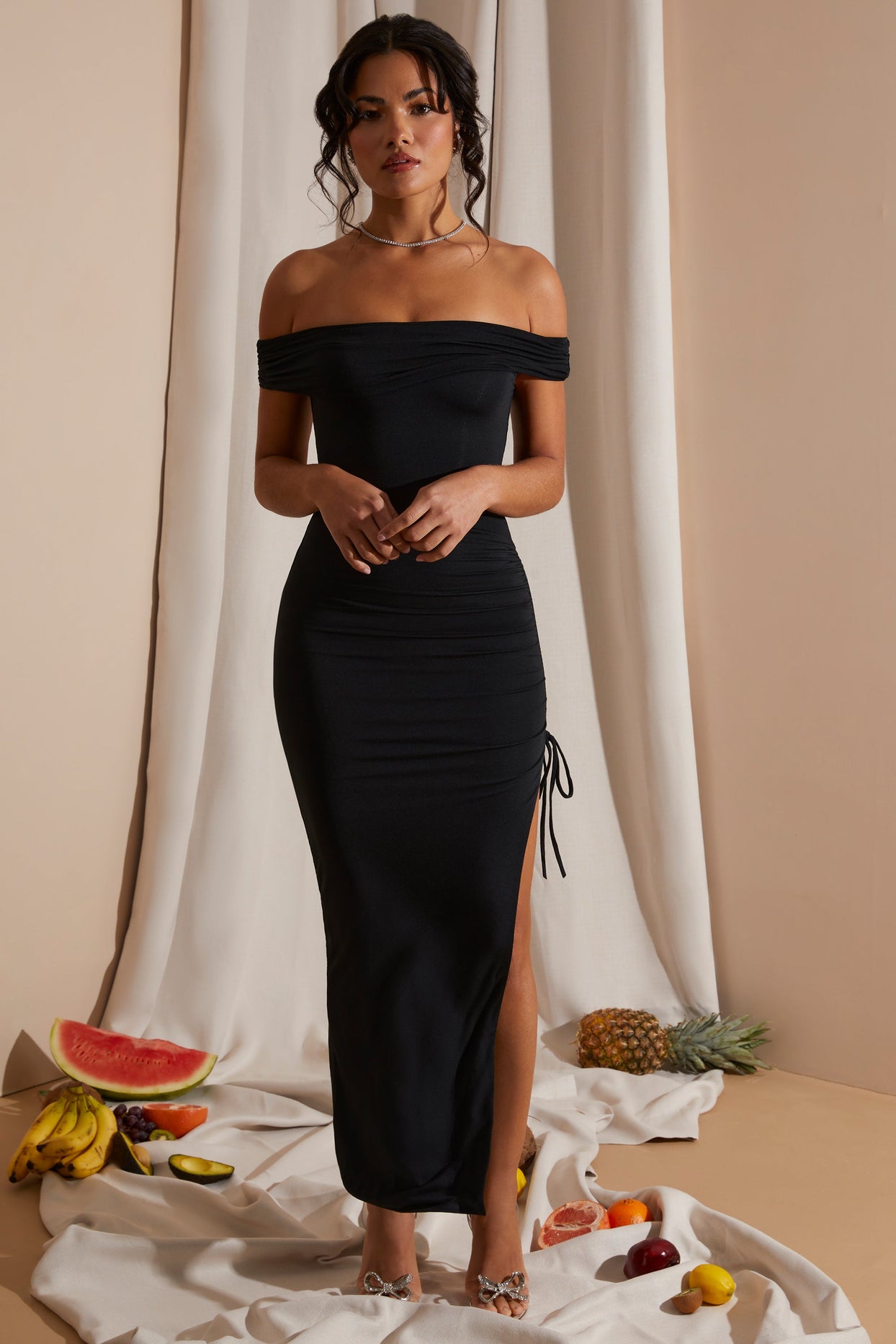 Off The Shoulder High Slit Maxi Dress in Black