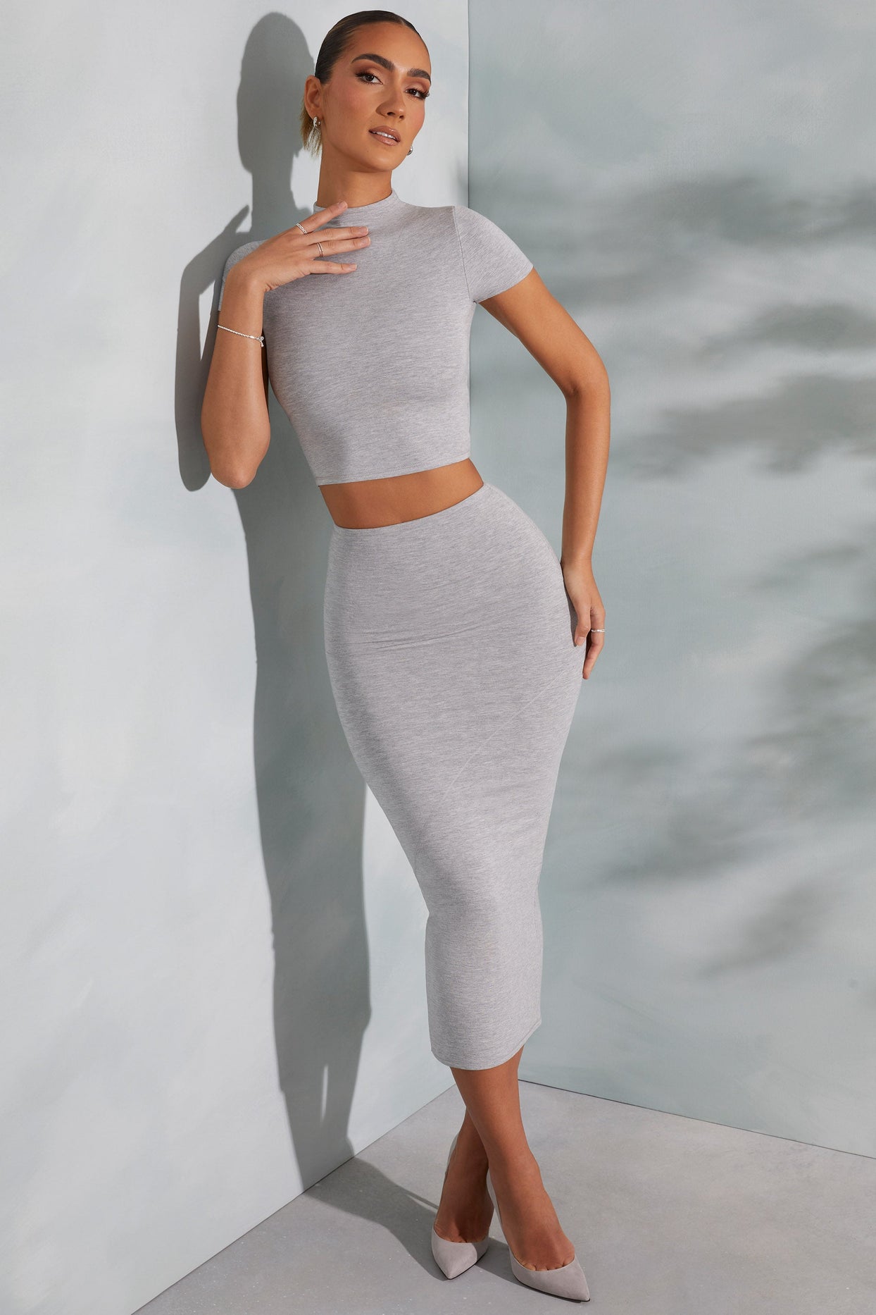 Contrast Stitch Midaxi Skirt in Marled Grey
