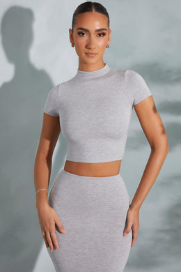 Contrast Stitch Turtleneck Crop Top in Marled Grey