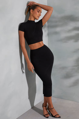 Contrast Stitch Turtleneck Crop Top in Black