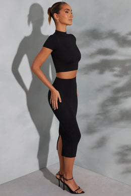 Contrast Stitch Turtleneck Crop Top in Black