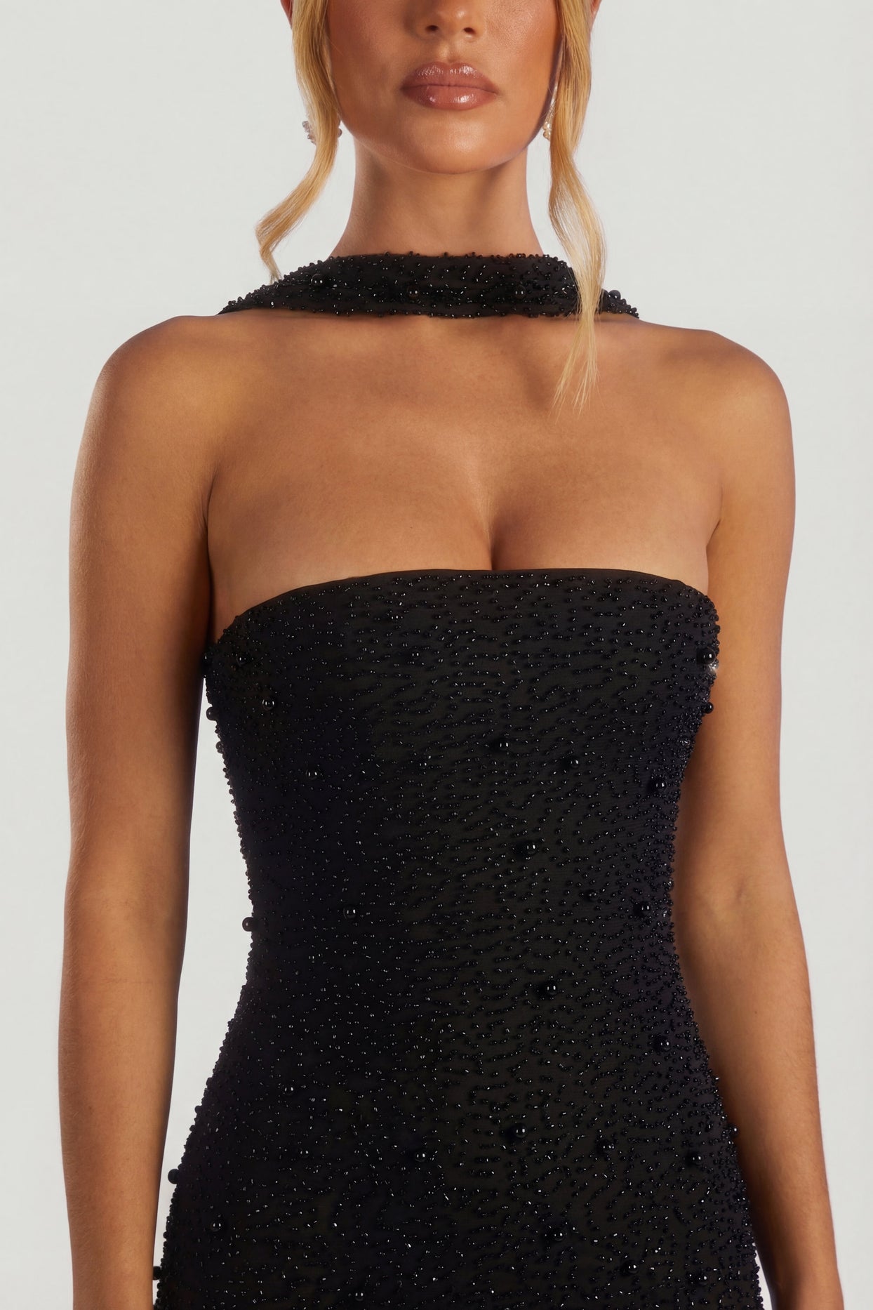 Oh Polly's Sierra Skye wearing the Belgravia Maxi Dress in Black Embellished fabric perfect for black tie galas