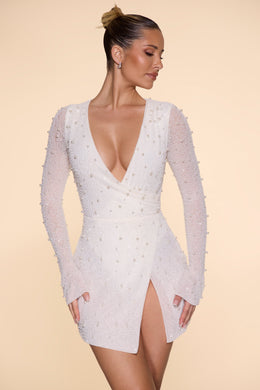 Embellished Wrap Over A-Line Mini Dress in Ivory