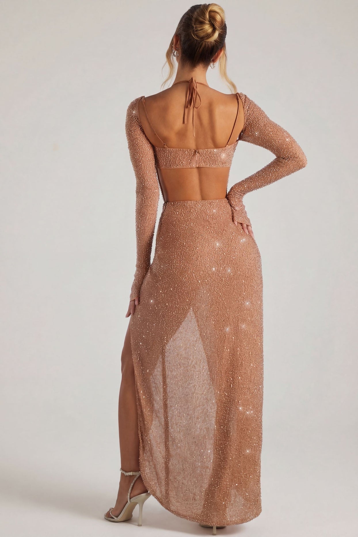 Embellished Cowl Neck Maxi Dress in Latte - 2
