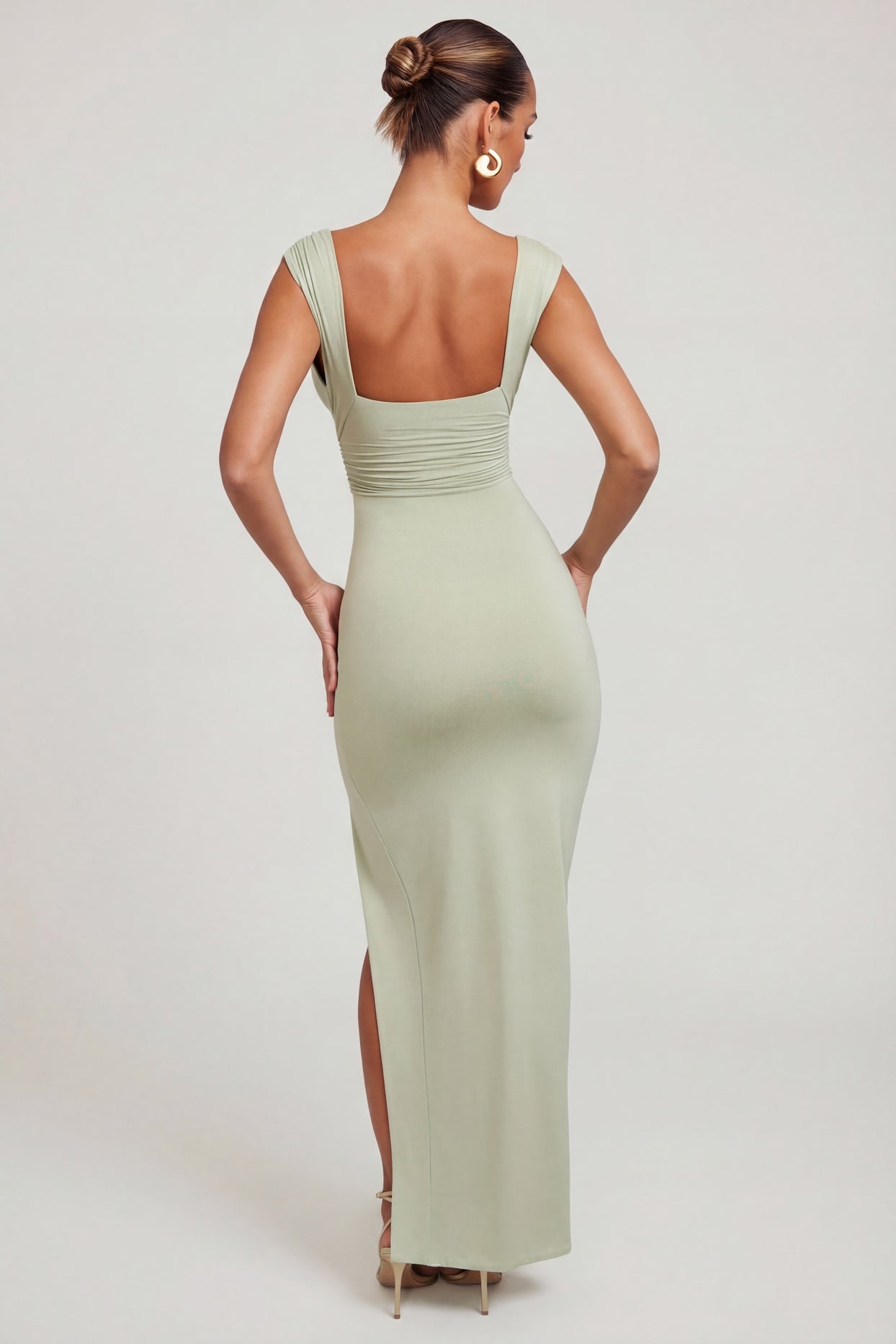 Oh Polly's Priscilla wearing the Sloane Maxi Dress in Sage Modal fabric perfect for summer garden parties