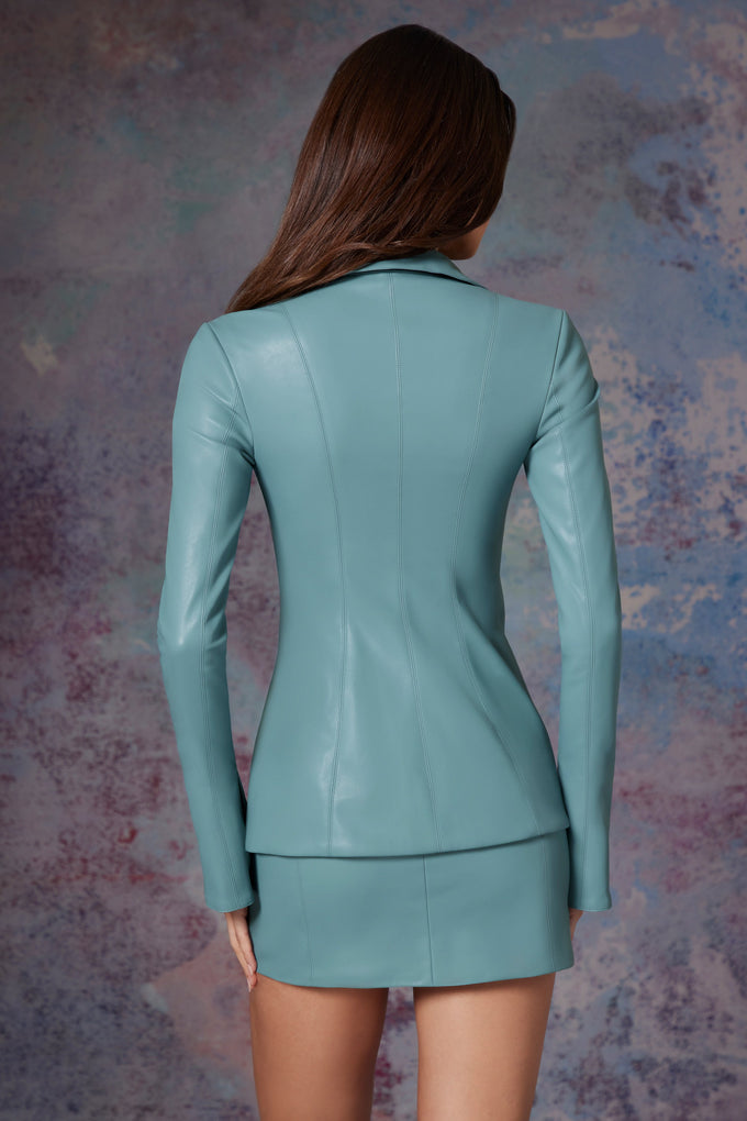 Tie Front Vegan Leather Shirt in Light Teal