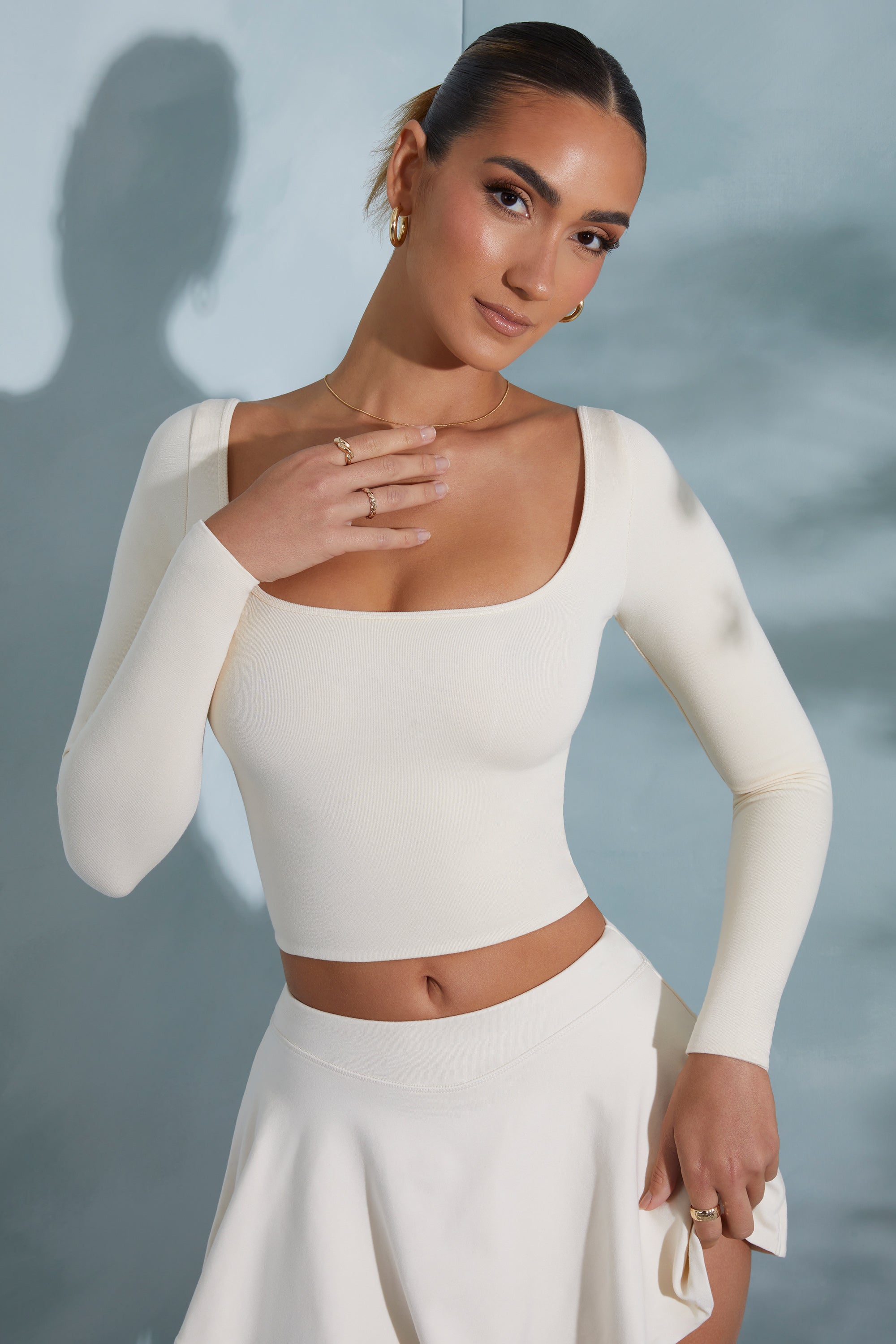 Rounded Square Neck Long Sleeve Top in Ivory