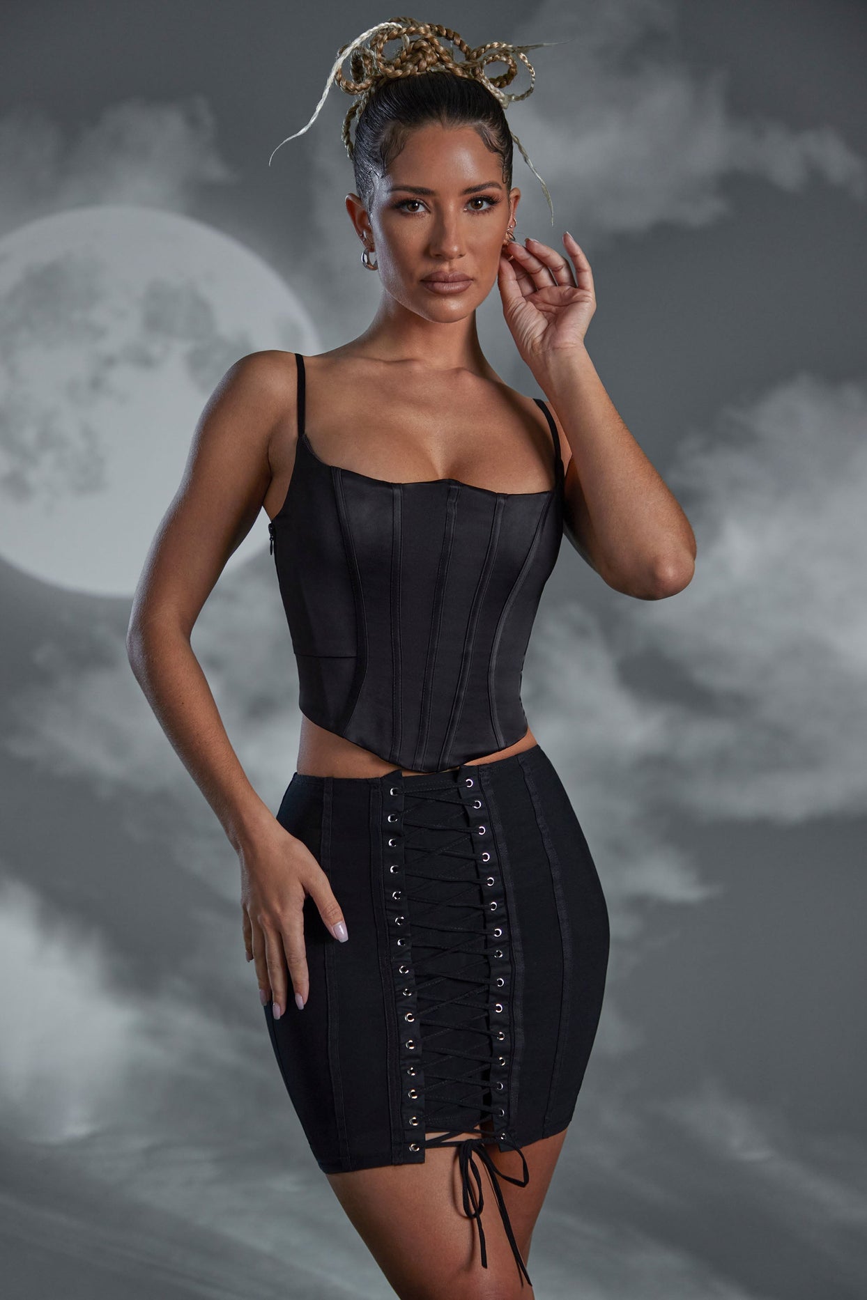 Lace Up Mini Skirt in Black - 5