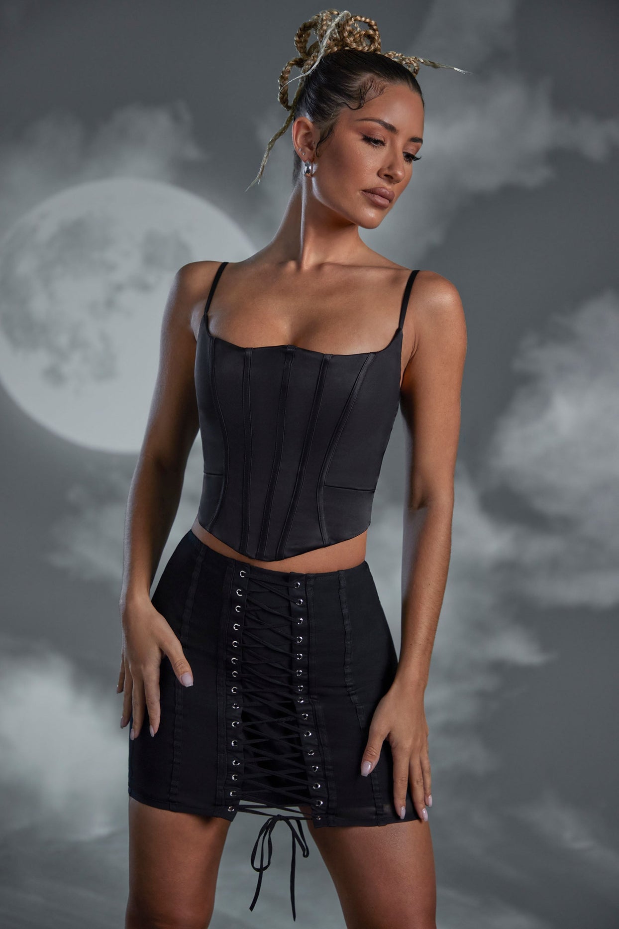 Lace Up Mini Skirt in Black - 4