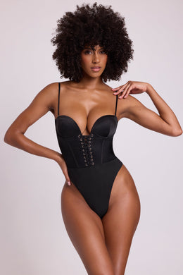 Satin Plunge Neck Lace Up Corset Bodysuit in Black